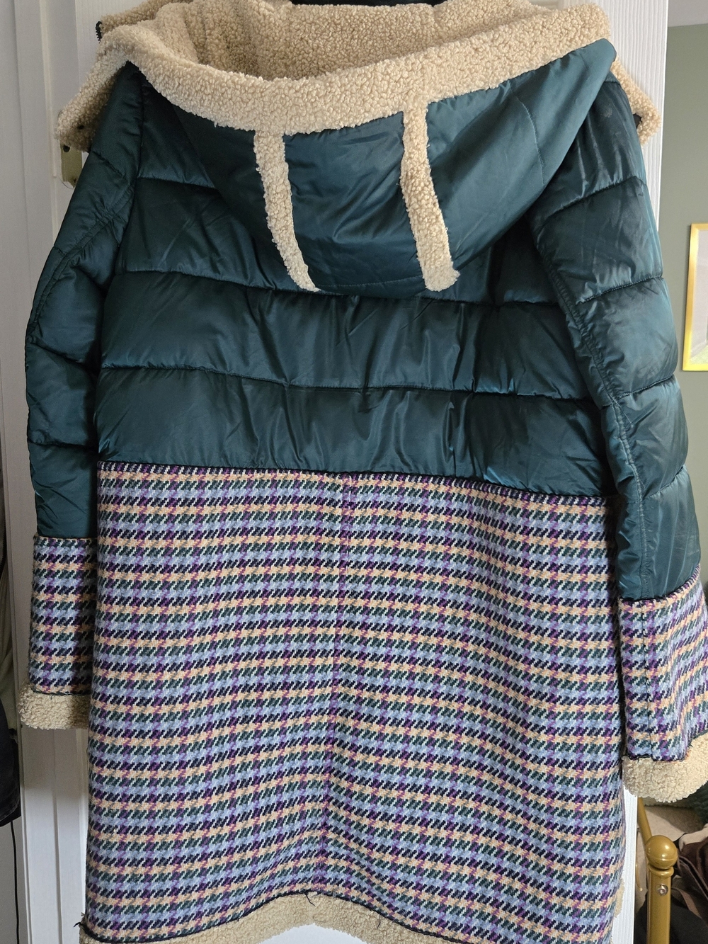 Sam Edelman Teal Puffer Coat with Cream Sherpa and Multicolor Houndstooth - Picture 6 of 7